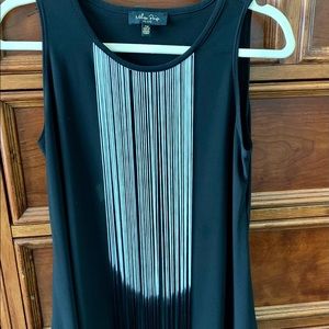 Melissa Paige Petite top w/ black, white & silver tassels giving an hombre look